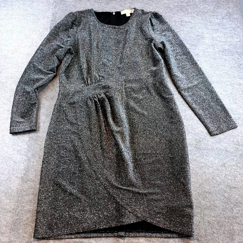 Michael Kors Womens Metallic Faux Wrap Dress Silver Party XL Long Sleeve Sparkle